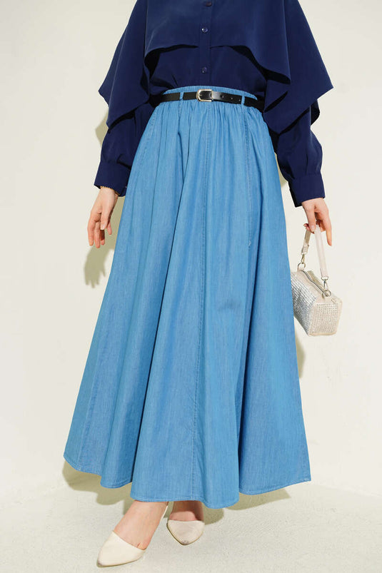 Flared Skirt with Belt and Elastic Waistband Light Blue