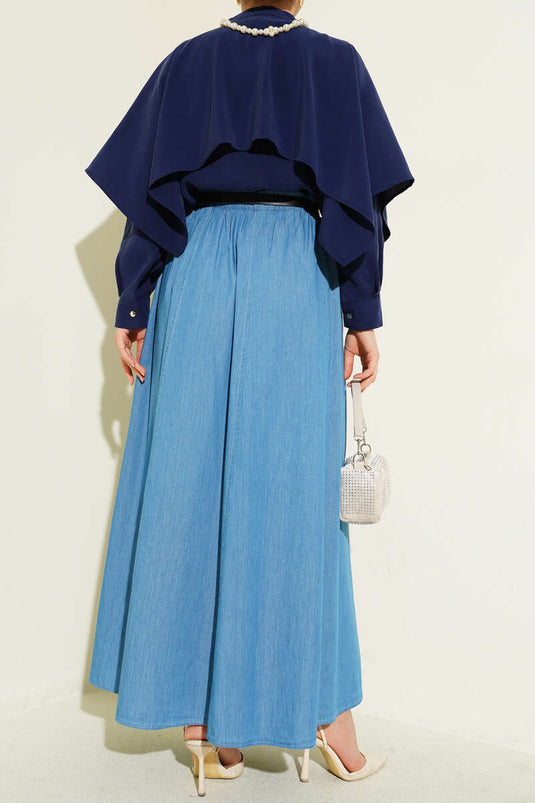 Flared Skirt with Belt and Elastic Waistband Light Blue