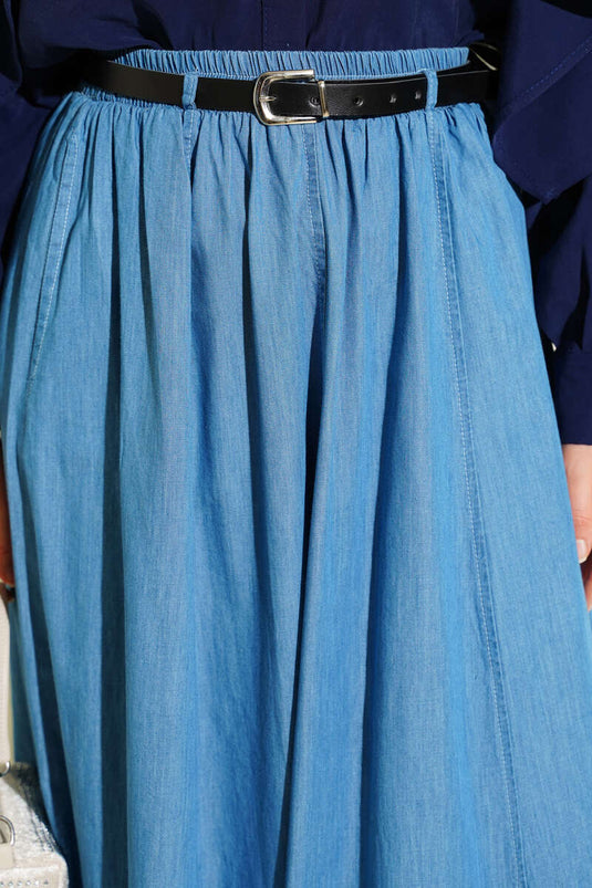 Flared Skirt with Belt and Elastic Waistband Light Blue