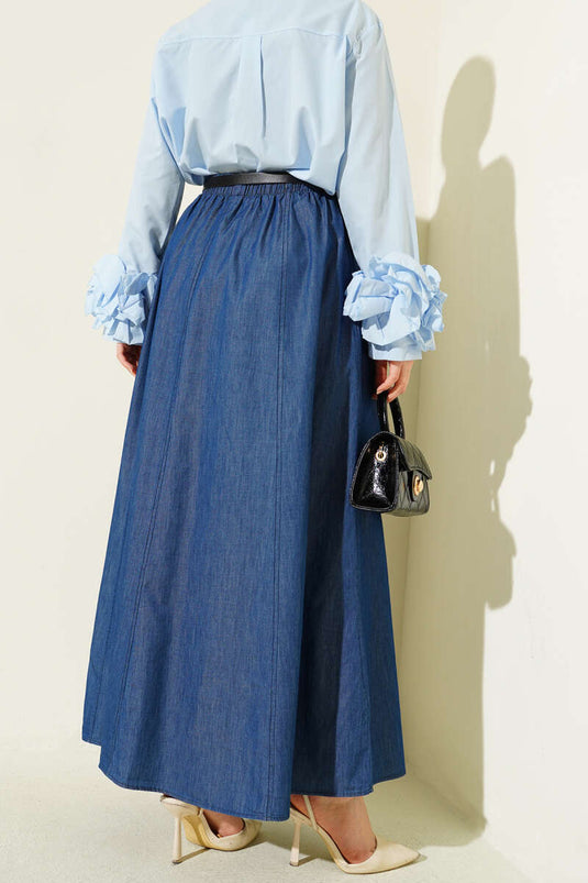 تنورة واسعة بحزام وخصر مطاطي باللون الأزرق الداكن