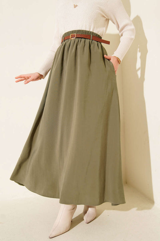 تنورة تينسل بحزام مطاطي عند الخصر باللون الأخضر الزيتوني