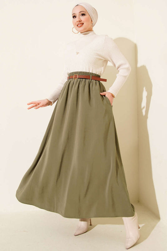 تنورة تينسل بحزام مطاطي عند الخصر باللون الأخضر الزيتوني
