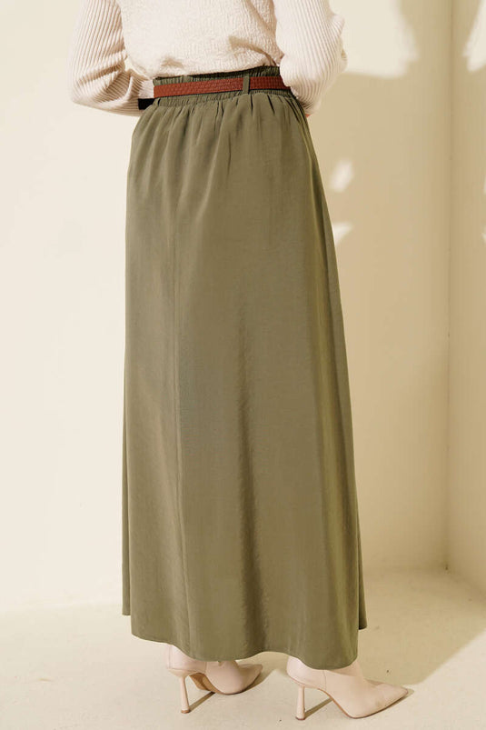 تنورة تينسل بحزام مطاطي عند الخصر باللون الأخضر الزيتوني