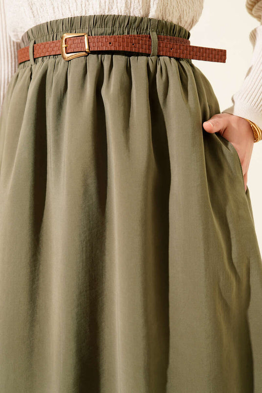 تنورة تينسل بحزام مطاطي عند الخصر باللون الأخضر الزيتوني