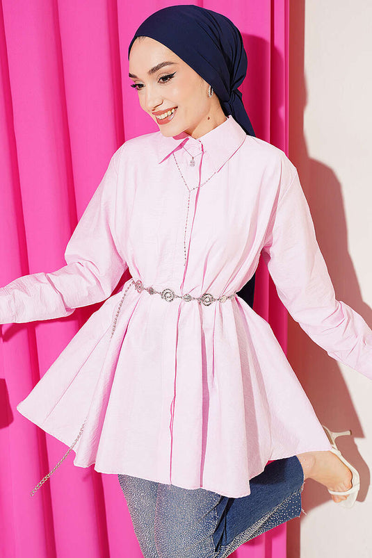Belted Waist Pleated Parachute Shirt Pink