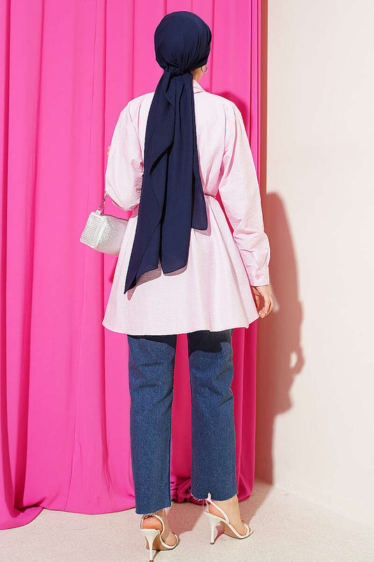 Belted Waist Pleated Parachute Shirt Pink