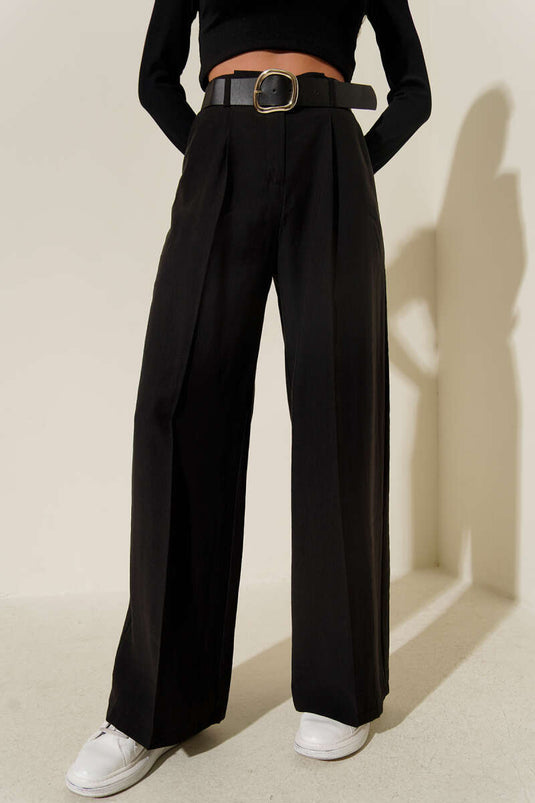 Black Wide-Leg Trousers with Belted Waist and Pleats
