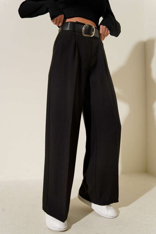 Black Wide-Leg Trousers with Belted Waist and Pleats