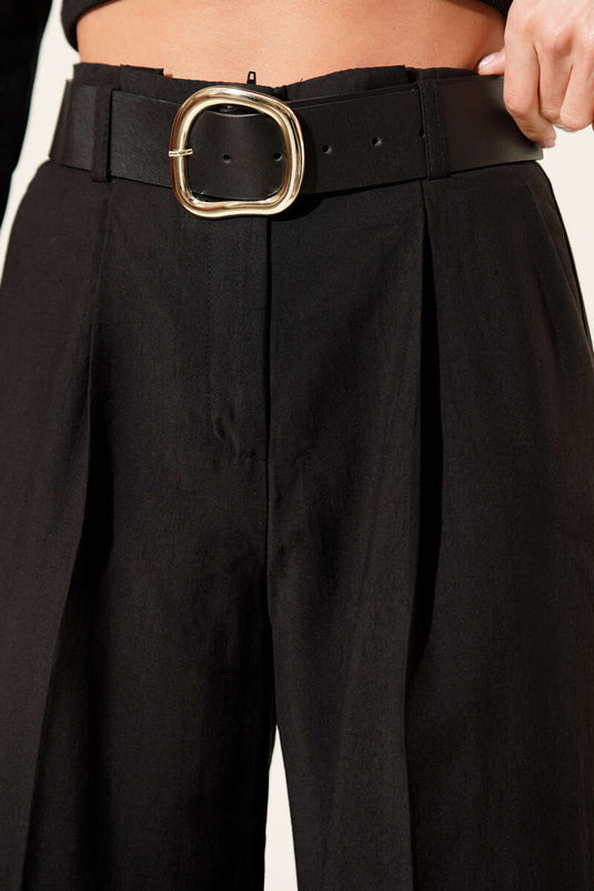 Black Wide-Leg Trousers with Belted Waist and Pleats