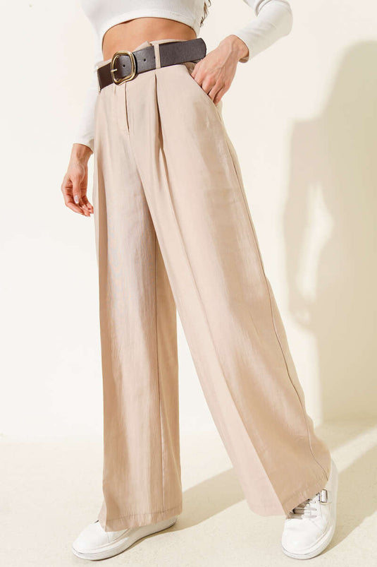 Kemerli Bel Pileli Geniş Paça Pantolon Taş