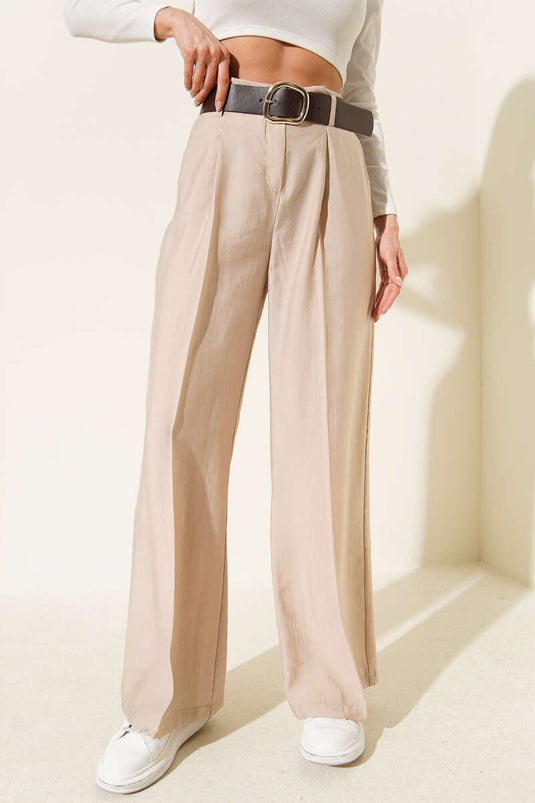 Kemerli Bel Pileli Geniş Paça Pantolon Taş