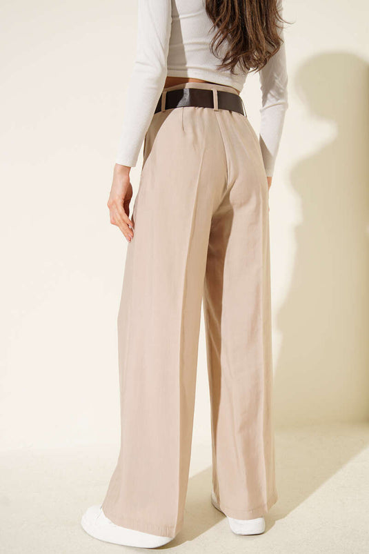 Kemerli Bel Pileli Geniş Paça Pantolon Taş