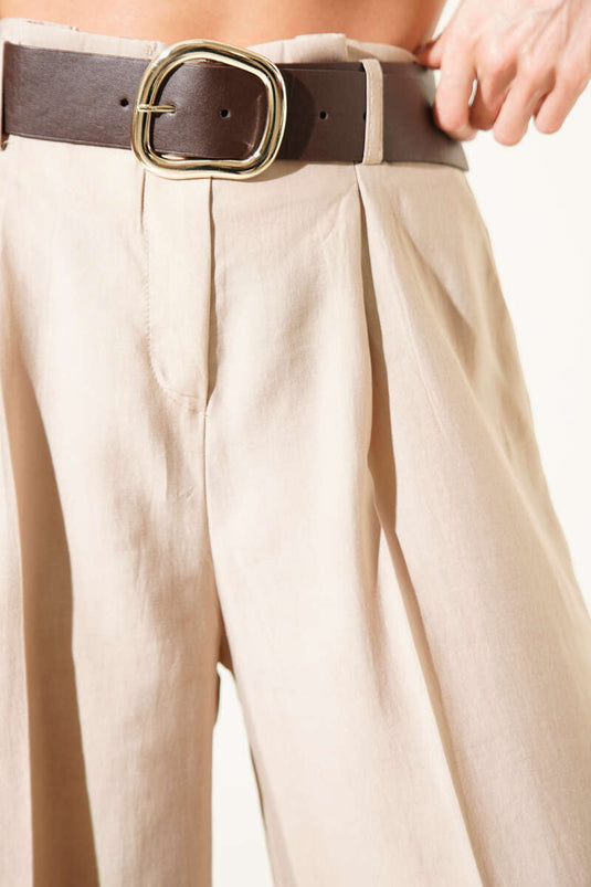 Kemerli Bel Pileli Geniş Paça Pantolon Taş