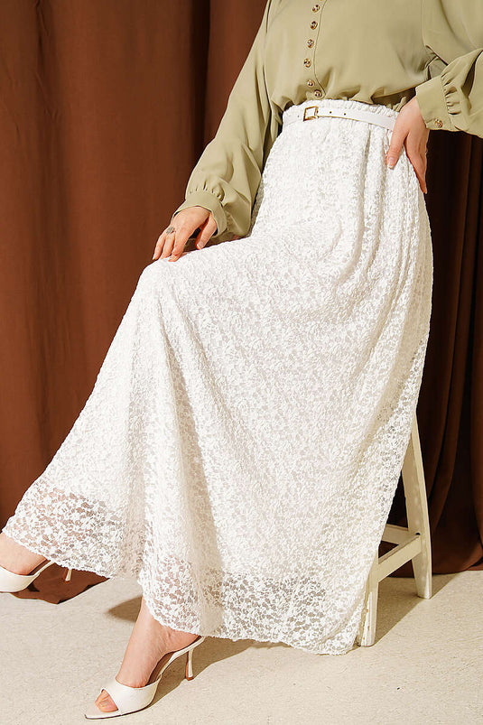 White Lace Skirt with Elastic Waist and Belt