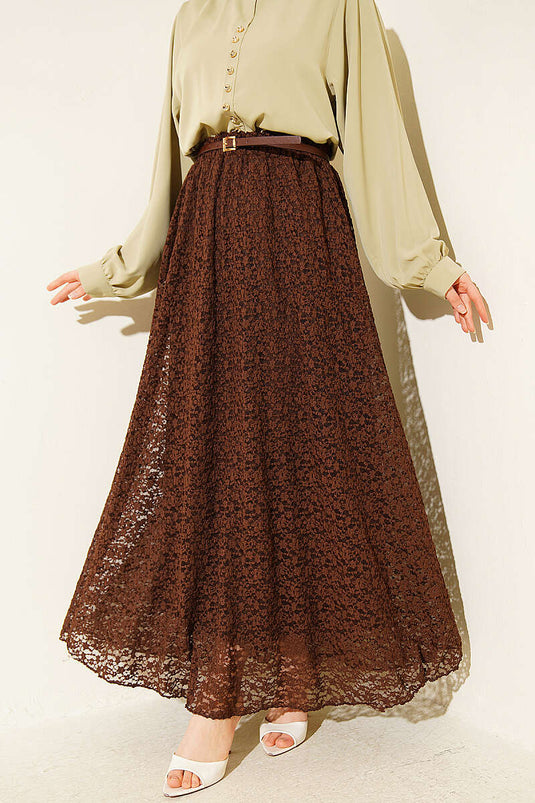 Brown Lace Skirt with Elastic Waist and Belt
