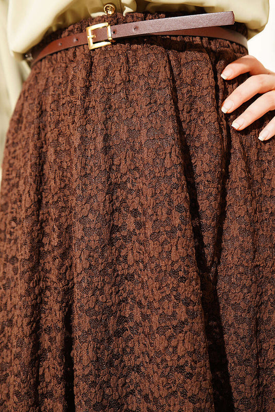 Brown Lace Skirt with Elastic Waist and Belt