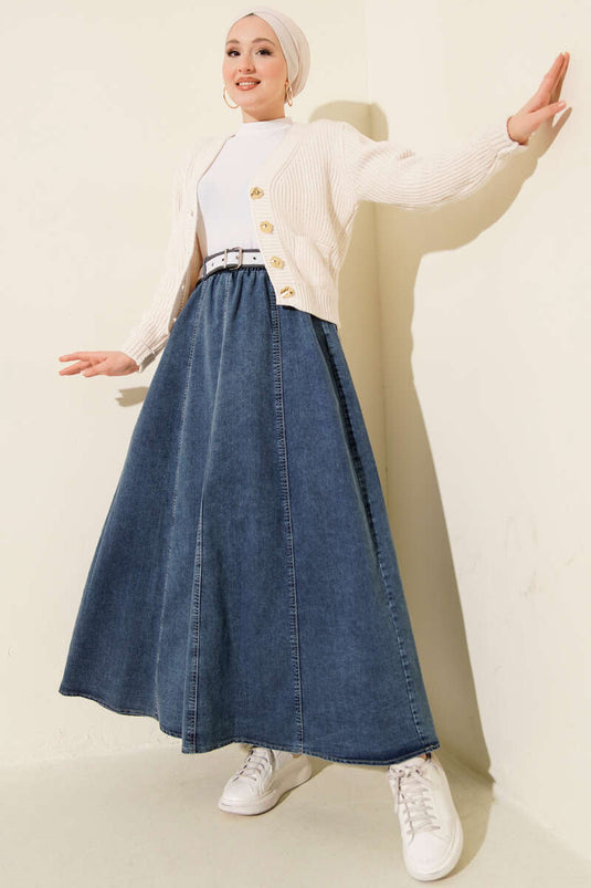 Jupe en jean bleue à taille élastiquée avec ceinture