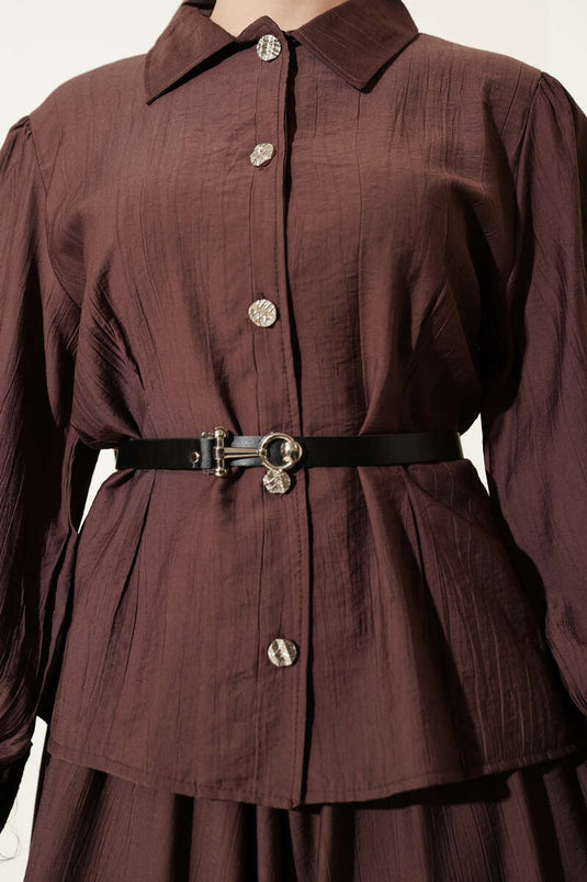 Set van twee met ceintuur, geplooide rok, bruin