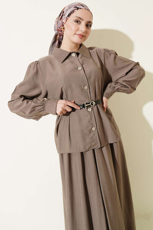 Two-Piece Set with Belted Waist and Pleated Skirt in Mink