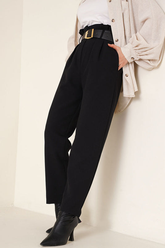 Belted Waist Tapered Pants Black