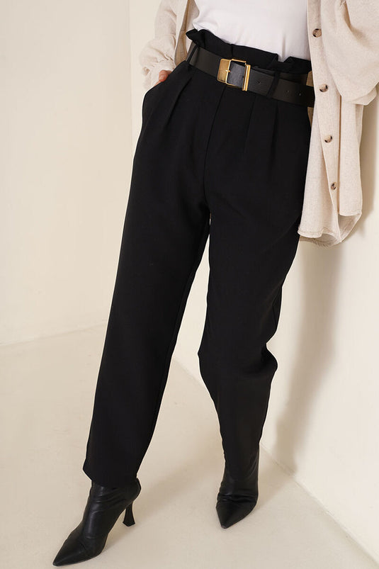 Belted Waist Tapered Pants Black