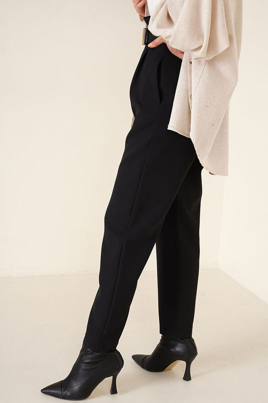 Belted Waist Tapered Pants Black