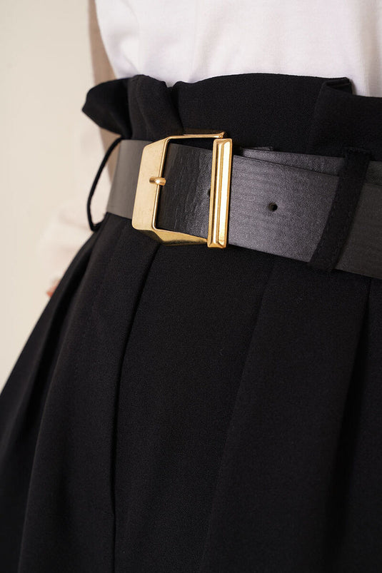 Belted Waist Tapered Pants Black