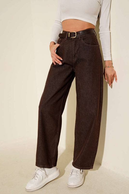 Pantaloni Jeans Larghi con Cintura Marrone