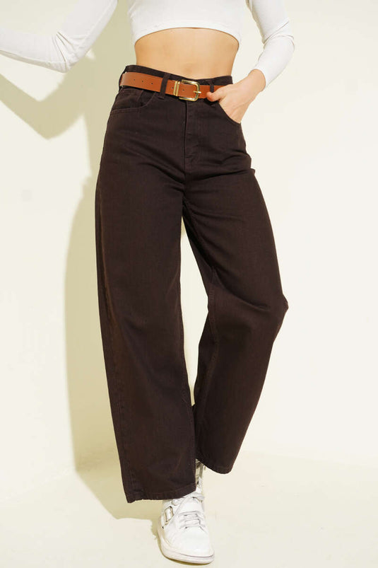 Belted Wide-Leg Denim Trousers Brown