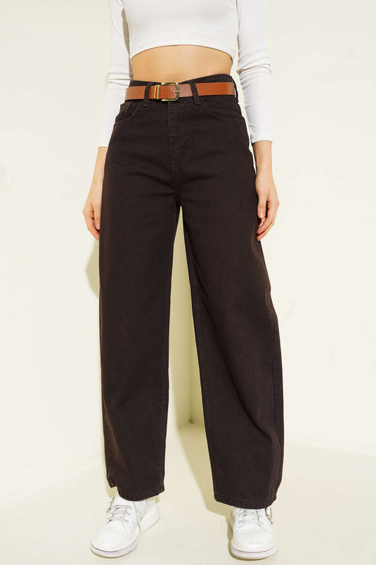 Belted Wide-Leg Denim Trousers Brown