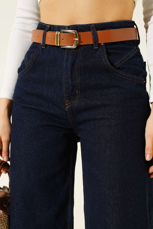 Belted Wide-Leg Denim Trousers Navy Blue