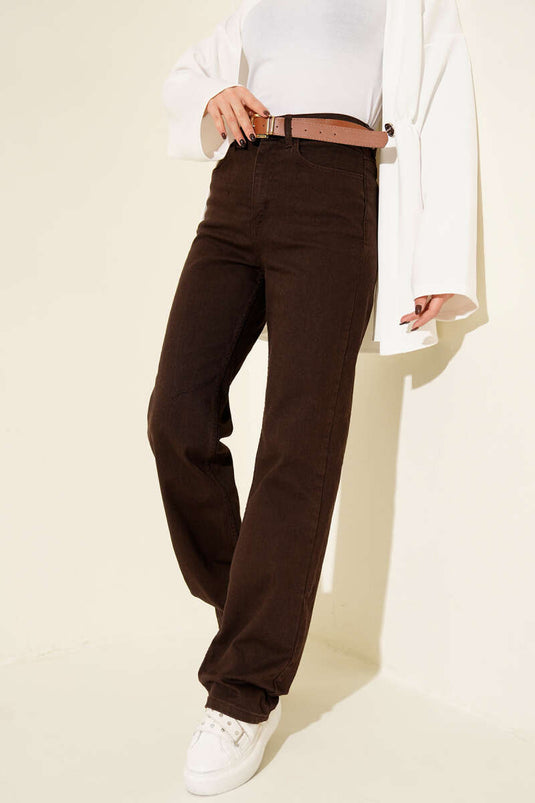 Kemerli Boru Paça Kot Pantolon Kahve