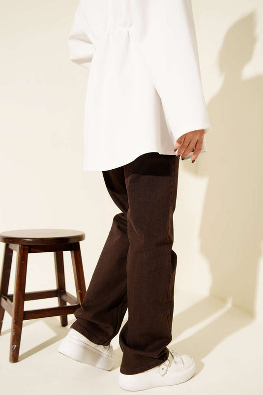 Kemerli Boru Paça Kot Pantolon Kahve