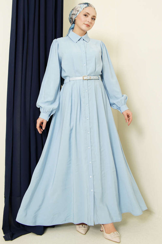 Robe longue boutonnée avec ceinture en modal bleu bébé