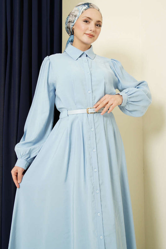 Robe longue boutonnée avec ceinture en modal bleu bébé