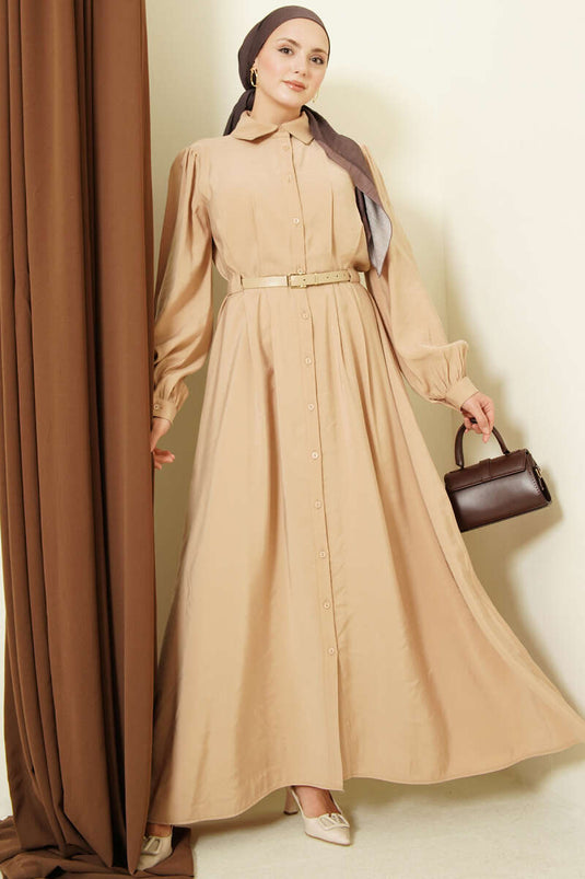 Belted Full-Length Buttoned Modal Dress Camel