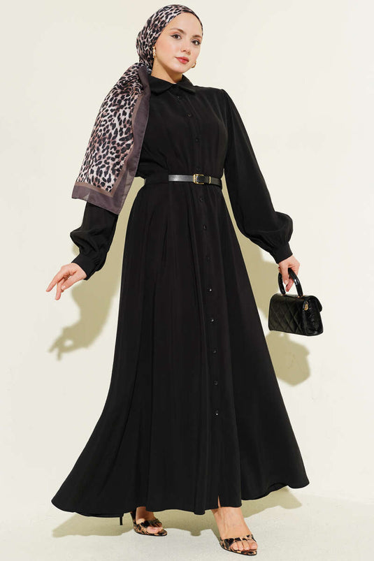 Black Full-Length Dress with Belt and Buttons, Made of Modal