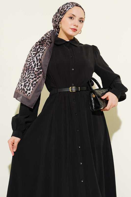 فستان مودال أسود بأزرار طول كامل مع حزام