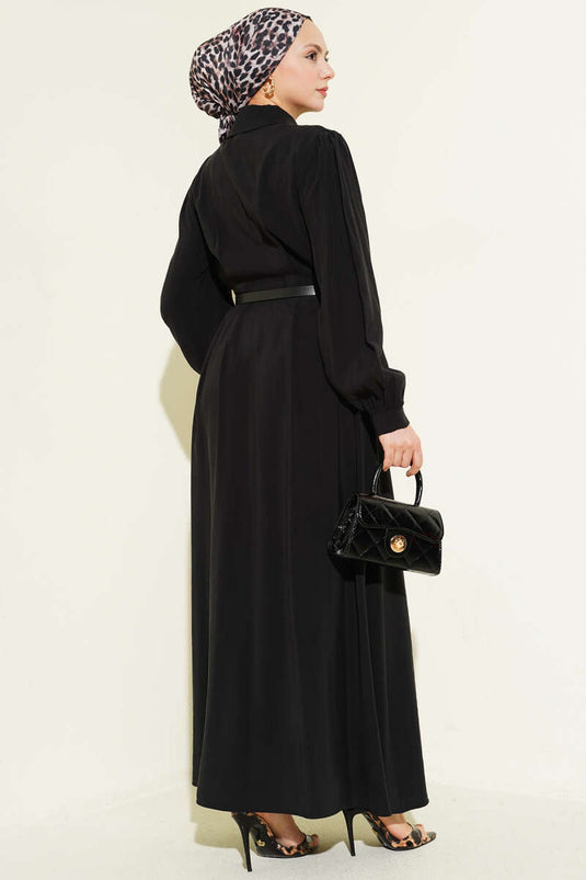 فستان مودال أسود بأزرار طول كامل مع حزام