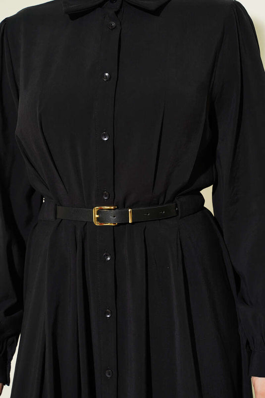 Black Full-Length Dress with Belt and Buttons, Made of Modal
