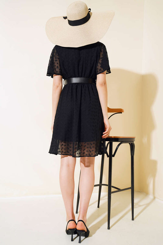 Belted Embroidered Dress Black