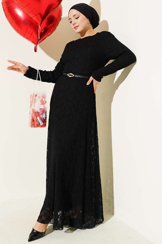 Dress with Belt, Gathered Lace, Black