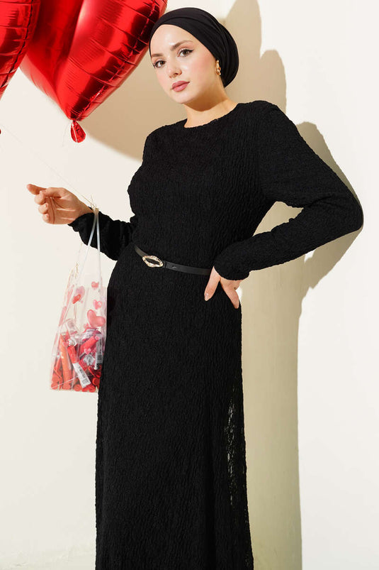 Dress with Belt, Gathered Lace, Black