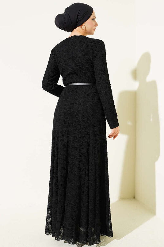 Dress with Belt, Gathered Lace, Black