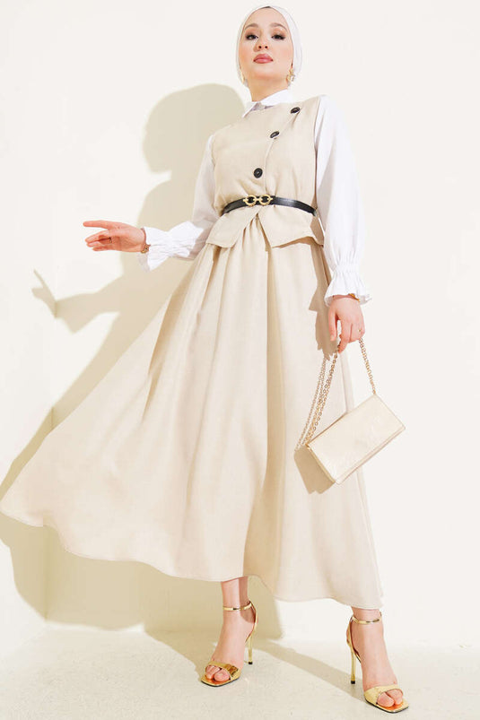 Belted Cross-Button Vest Skirt Set Beige