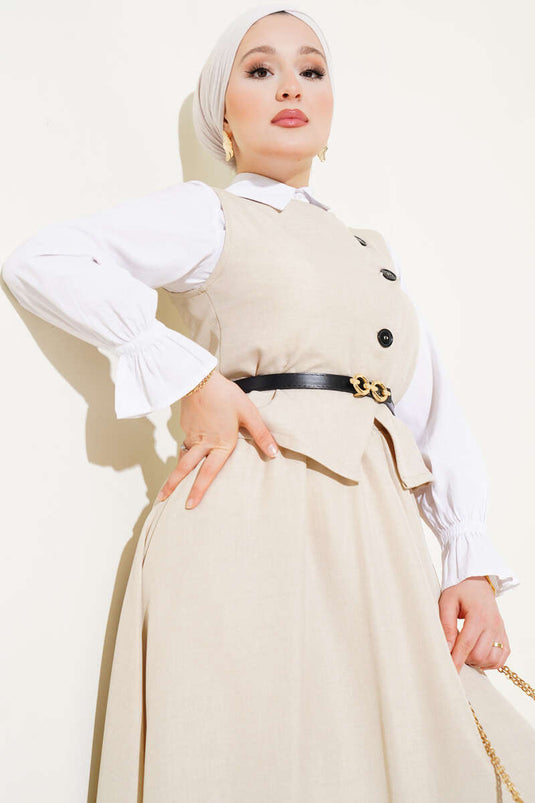Belted Cross-Button Vest Skirt Set Beige