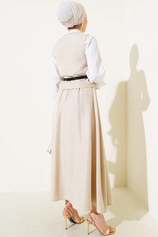 Belted Cross-Button Vest Skirt Set Beige