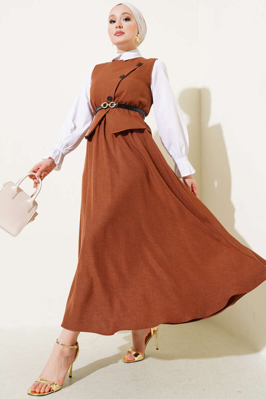 Belted Cross Buttoned Vest Skirt Set Coffee