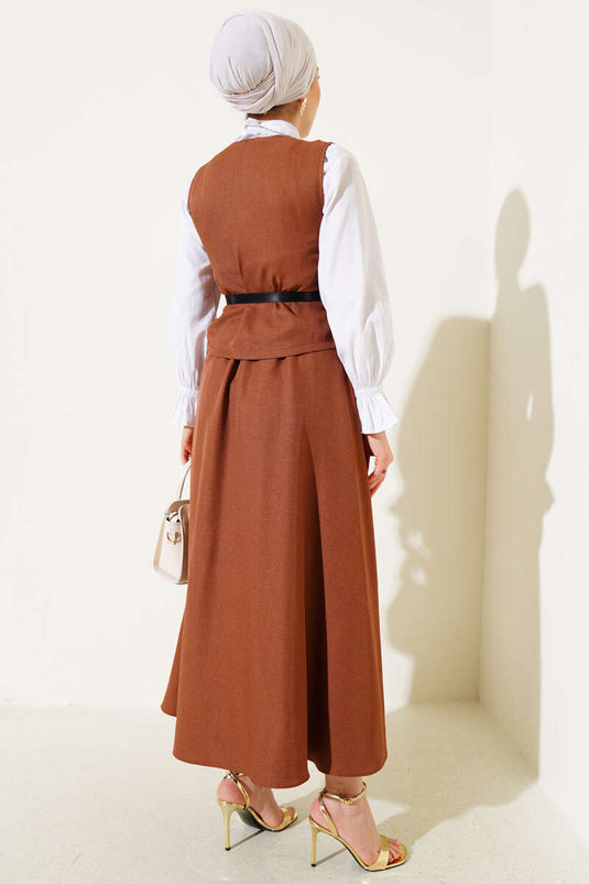 Belted Cross Buttoned Vest Skirt Set Coffee