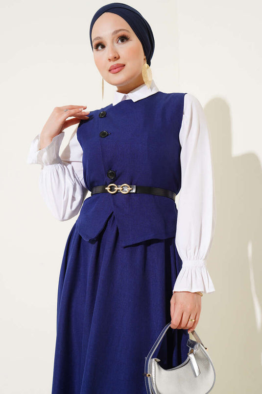 Belted, Cross-Buttoned Vest and Skirt Suit, Navy Blue